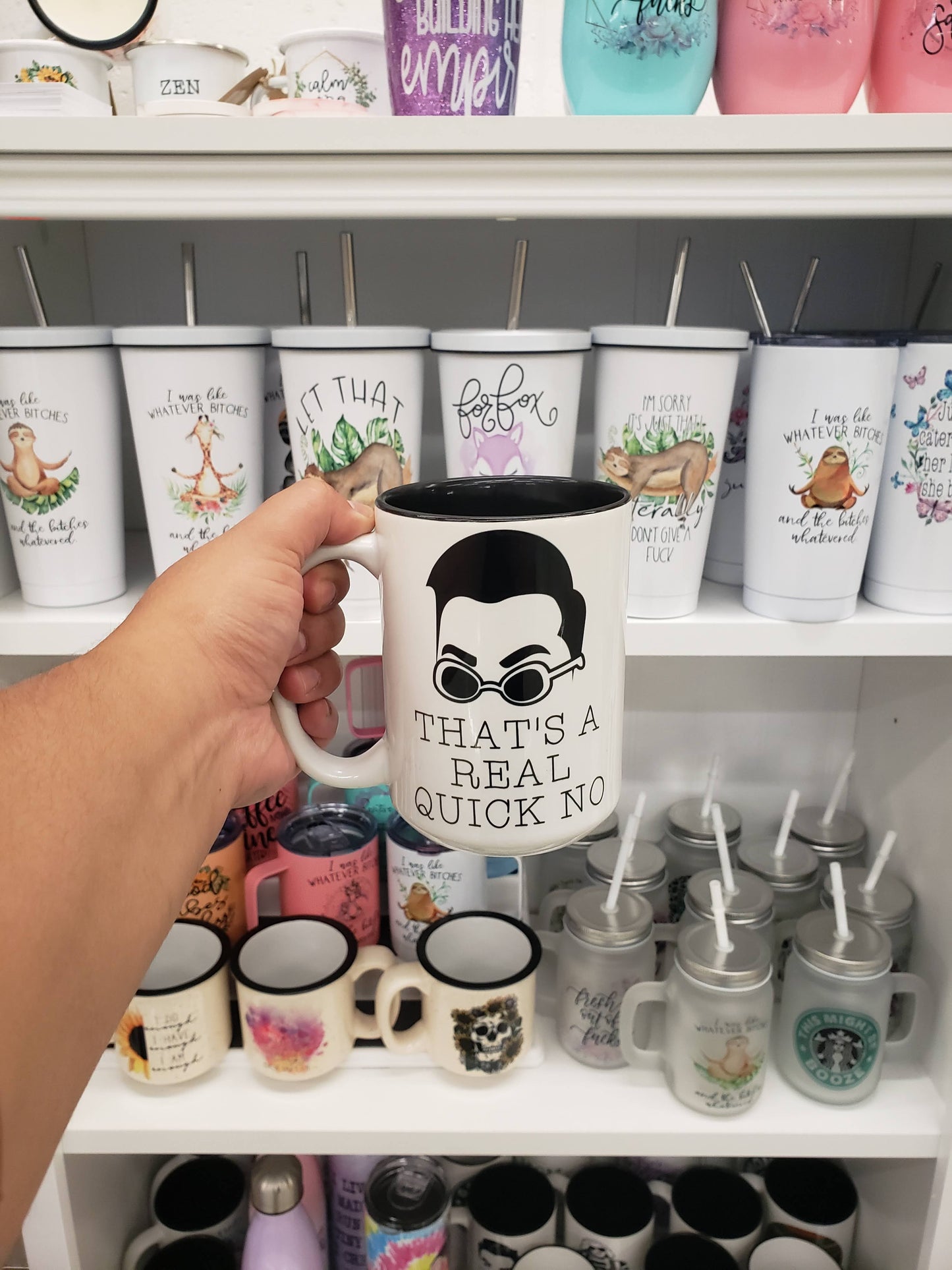 Mei Designs, Mei design mugs, custom mug, custom design mugs, permanent ink mugs, funny mugs, truth mugs, inappropriate mug, inappropriate mugs, custom coffee mug, custom tea mug, funny coffee mug, funny tea mug, schitts creek mug, Schitt's creek, thats a real quick no